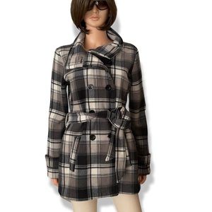 NWOT Ike Behar Plaid Belted Fleece Coat Jacket Women’s M Double Breasted